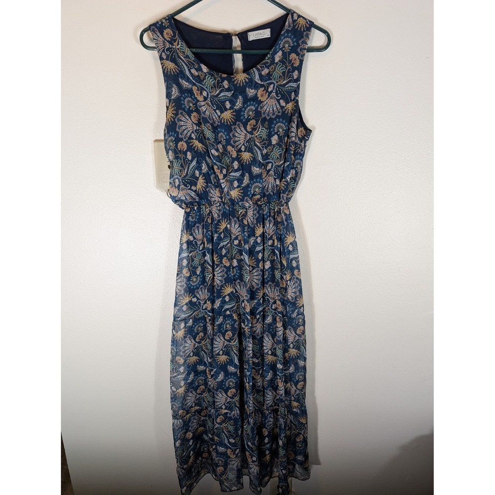 Lara G. Italy Womens M Blue Paisley Floral Tiered Chiffon Midi Dress Silk Blend